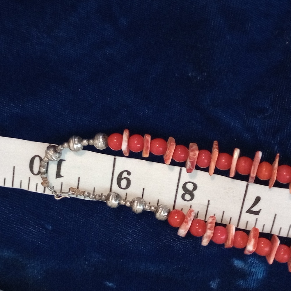 Native American Sterling Silver Orange Coral & Spiny Oyster Shell Necklace 20" - Picture 10 of 13